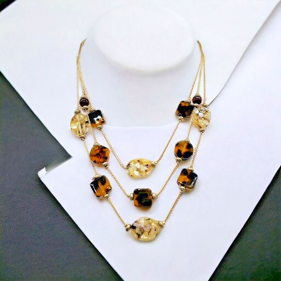 Abalone Chip Station Necklace Faux Tortoise MOP Multi Layer Statement Jewelry - Picture 1 of 10